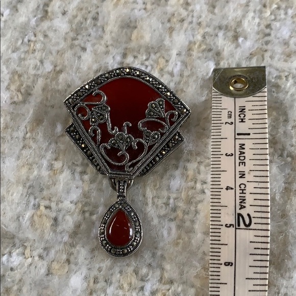 Marcasite, silver and carnelian pin. - Picture 2 of 4